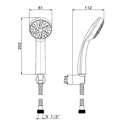 Ручной душ PIANO с держателем для лейки и шлангом, без выхода для подачи воды, хром