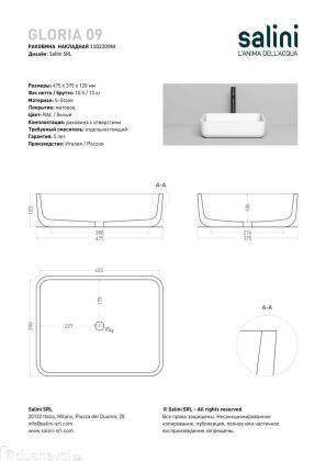 Раковина Salini GLORIA 309 1102209MRH S-Stone покраска по RAL снаружи, накладная, матовая