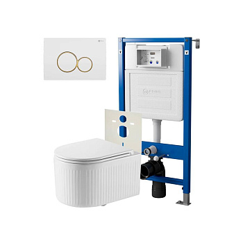 Сет: Система инсталляции Point Элемент для подвесного унитаза PN45120 + Клавиша смыва для инсталляции Point Виктория, белая/золото, PN44061WG + Унитаз подвесной Point Деметра безободковый, белый, сиденье дюропласт, микролифт быстросъемн PN41121