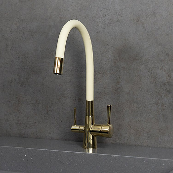 Смеситель для кухни с гибким изливом, с подключением к фильтру питьевой воды, латунь/золото/бежевый
