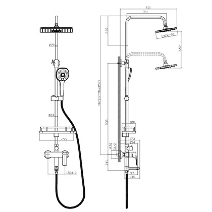 Смеситель Rossinka RS27-46 для ванны и душа с регулируемой высотой штанги, поворотным изливом и лейкой "Тропический дождь"