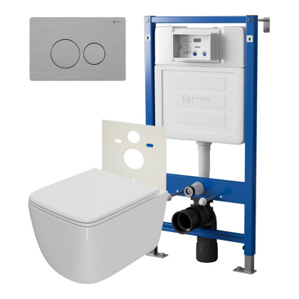 Сет: Система инсталляции Point Элемент для подвесного унитаза PN45120 + Клавиша смыва для инсталляции Point Виктория, нержавеющая сталь, сталь брашированная, PN44061SB + Унитаз подвесной Point Меркурий безободковый, сиденье дюропласт микролифт, быстросъем