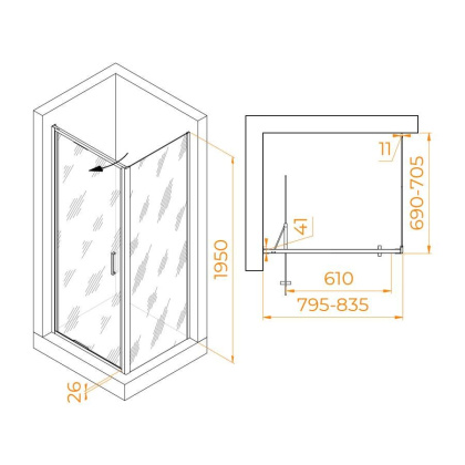 Душевой уголок  80* 70*195 RGW SV-145B (SV-05B + Z-050-2B) Прямоуг./Чёрный/Прозрачное/8 мм (Easy)