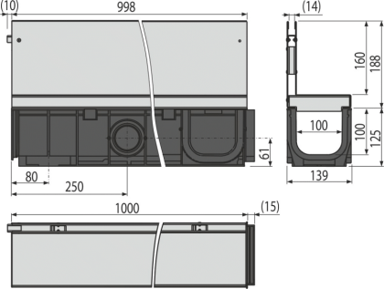 Щелевой дренажный канал с асимметричной надставкой 160 мм, нержавеющая сталь 