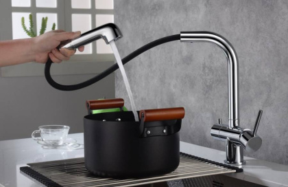 Смеситель Timo Saona 2346/00FL для кухни с подключением фильтра и выдвижной лейкой, хром