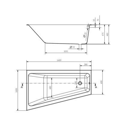 Ванна асимметричная CREA 160x100 левая белый Ванна асимметричная CREA 160x100 левая белый