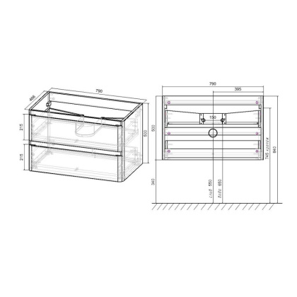 База под раковину Vico 800 подвесная, 2 выкатных ящика soft close, Carbone База под раковину Vico 800 подвесная, 2 выкатных ящика soft close, Carbone