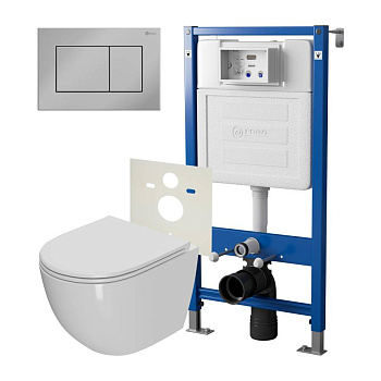 Сет: Система инсталляции Point Элемент для подвесного унитаза PN45120 + Клавиша смыва для инсталляции Point Ника, хром, PN44081C + Унитаз подвесной Point Афина безободковый, сиденье микролифт PN41041