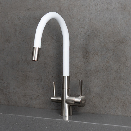 Смеситель для кухни с гибким изливом, с подключением к фильтру питьевой воды, латунь/никель/белый