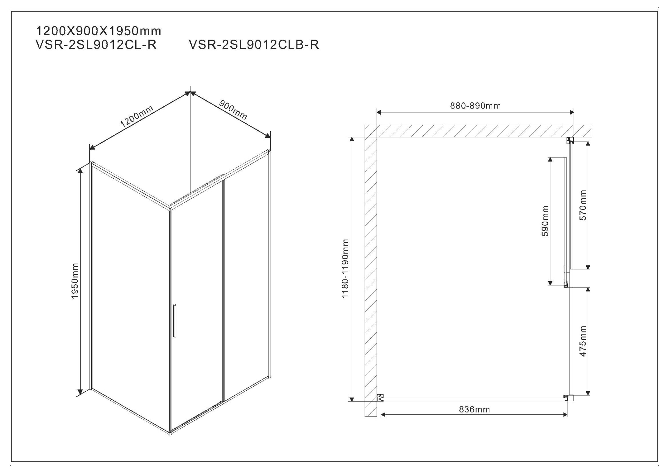 Душевой уголок Slim VSR-2SL9012CLB-R, 1200*900, матовый черный, стекло прозрачное, правый