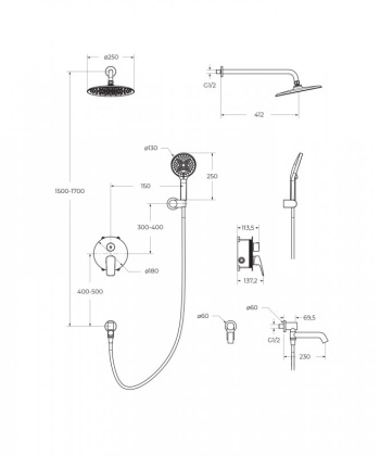 MARINO Душевой комплект встраиваемый с изливом (смеситель встраиваемый, верхний душ, ручной душ со шлангом, штуцер с держателем),хром MARINO-VDSET-CRM