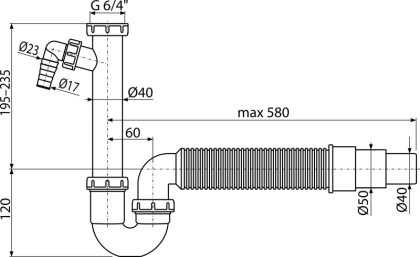 Сифон трубчатый с накидной гайкой 6/4" со штуцером и гофрой Сифон трубчатый с накидной гайкой 6/4" со штуцером и гофрой