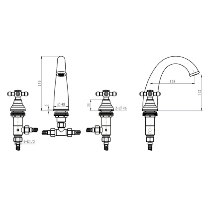 Смеситель для раковины на 3 отверстия, Camelia золото_Комплект