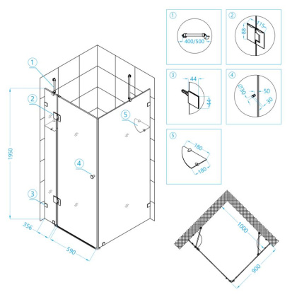 Душевой уголок RGW HO-44, 01064490-11, 90 х 100 x 195 см, дверь распашная, стекло прозрачное, хром