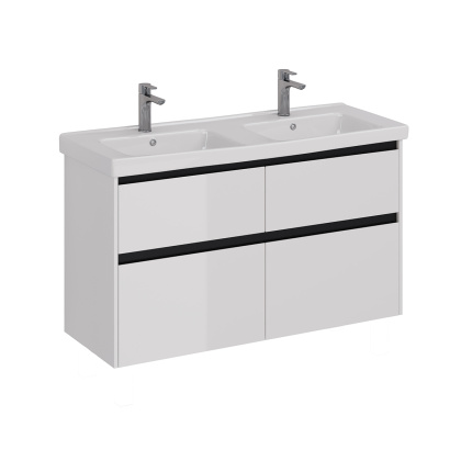 Тумба Lemark COMBI 125см под 2 раковины, подвесная/напольная,4 ящика, цвет планки: Чёрный, цвет корпуса, фасада: Белый глянец