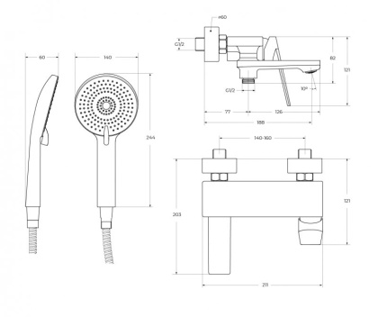 COMFORT-VD-01 Смеситель для ванны и душа однорычажный в комплекте с ручным душем, шлангом и держателем, хром