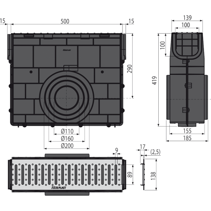 Пескоуловитель для дренажного канала с щелевой асимметричной сервисной надставкой 100 мм, оцинкованная сталь 