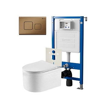 Сет: Система инсталляции Point Элемент для подвесного унитаза PN45120 + Клавиша смыва для инсталляции Point Афина, бронза брашированная, PN44041BB + Унитаз подвесной Point Омега безободковый, белый, сиденье дюропласт, микролифт быстросъемное PN41902