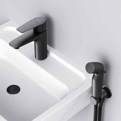 F90A03022 Gem, Смеситель для умывальника с гиг.душем, излив 99 мм, Черный, шт