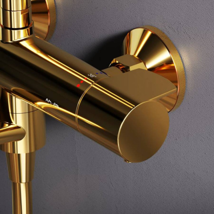 F0785A599 X-Joy, душ.система:  см-ль д/ванны/душа с ТМС, душ.штанга,верх.душ 220мм, руч.душ, золото