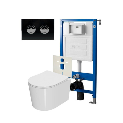 Сет: Система инсталляции пневматическая Point Элемент П для подвесного унитаза PN45121 + Клавиша смыва для пневматической инсталляции Point Венера, установка в стену, черный/хром, PN44071BC + Унитаз подвесной Point Веста безободковый, белый, сиденье дюроп