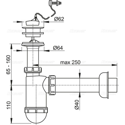 Сифон для умывальника DN40 с пластмассовой peшeткой DN63, с цепочкой Сифон для умывальника DN40 с пластмассовой peшeткой DN63, с цепочкой