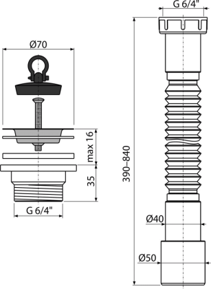 Гибкое соединение 6/4"×40/50 пластмасса + Донный клапан сифона для мойки 6/4" с нержавеющей peшeткой DN70 Гибкое соединение 6/4"×40/50 пластмасса + Донный клапан сифона для мойки 6/4" с нержавеющей peшeткой DN70