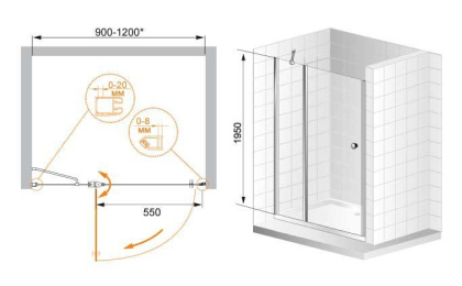 ELENA-W-B-12-110-P-Cr-L Душевая дверь Условные размеры, мм:1100x1950 Габариты с диапазоном регулировок, мм:(1080-1108)х1950 Ширина входа, мм:555 