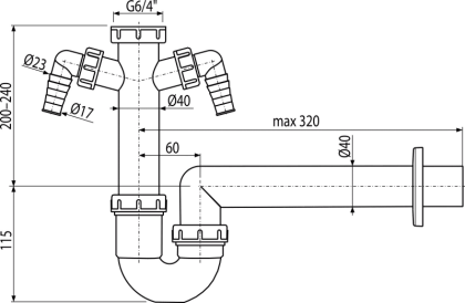 Сифон трубчатый с накидной гайкой 6/4" и двумя штуцерами Сифон трубчатый с накидной гайкой 6/4" и двумя штуцерами