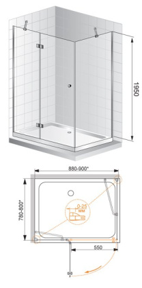 VERONA-W-AH-1-90/80-P-Cr-L Душевой уголок Условные размеры, мм: 900x800x1950 Габариты с диапазоном регулировок, мм:(880-900)x(780-800)x1950 Ширина входа, мм:550 