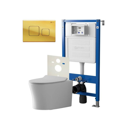Сет: Система инсталляции Point Элемент для подвесного унитаза PN45120 + Клавиша смыва для инсталляции Point Афина, золото, PN44041G + Унитаз подвесной Point Вега безободковый, сиденье микролифт PN41711