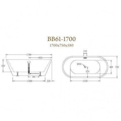 Акриловая ванна BELBAGNO BB61-1700, 1700х750х600 Акриловая ванна BELBAGNO BB61-1700, 1700х750х600