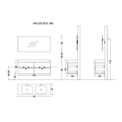 Тумба без раковины Vallessi 140*46cm АНТРАЦИТ глянец 4 полки 837-140-A glossy Boheme
