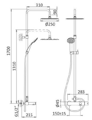 CZR-B-CVD-NOP Душевая колонна со смесителем для ванны, верхним и ручным душем, верхний душ из нержавеющей стали диаметр 250 мм, исполнение черный матовый CZR-B-CVD-NOP Душевая колонна со смесителем для ванны, верхним и ручным душем, верхний душ из нержавеющей стали диаметр 250 мм, исполнение черный матовый
