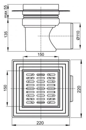 Сливной трап 150×150/110 мм боковой сток, решетка из нержавеющей стали, воротник изоляции 2–го уровня, гидрозатвор мокрый