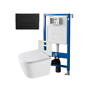 Сет: Система инсталляции Point Элемент для подвесного унитаза PN45120 + Клавиша смыва для инсталляции Point Меркурий, черная матовая, PN44831BM + Унитаз подвесной Point Венера безободковый, белый, сиденье дюропласт микролифт быстросъемное PN41071