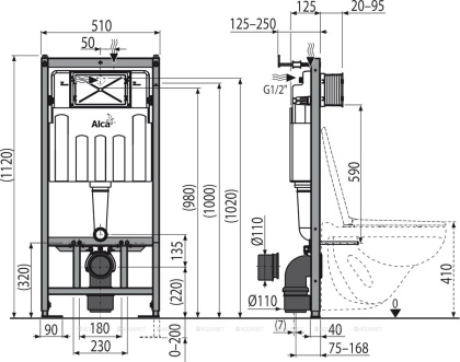 Инсталляция Alcaplast AM101/1120-4:1 RU M678-0001 для унитаза с Черной матовой клавишей смыва